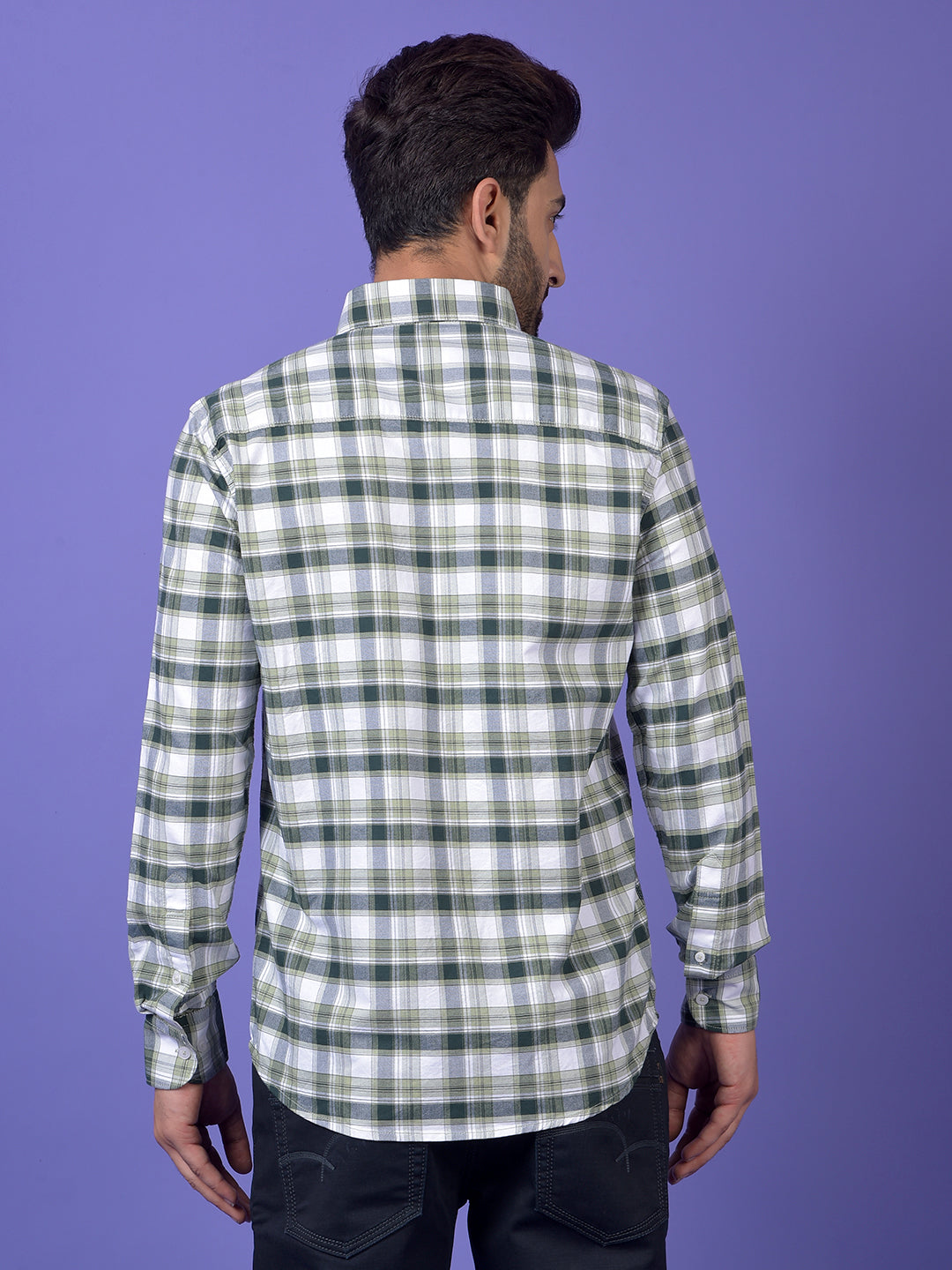 Green Checked 100% Cotton Button-Down Collar Shirt