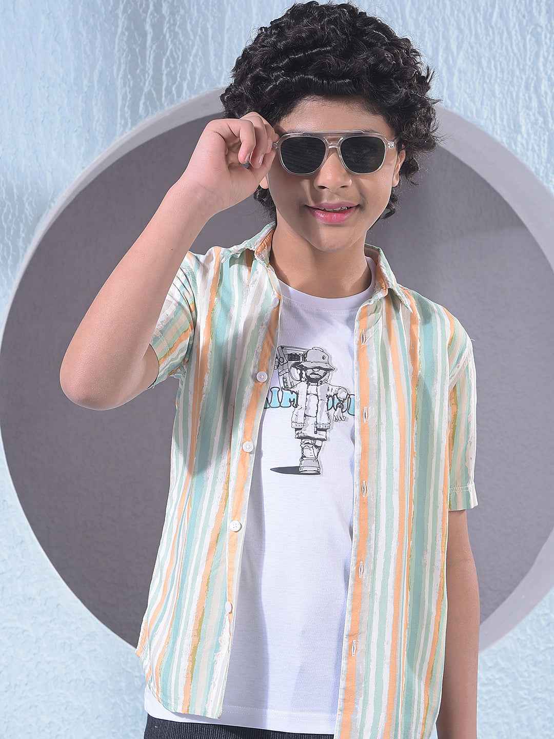 Green Vertical Striped Layered Shirt with T-Shirt