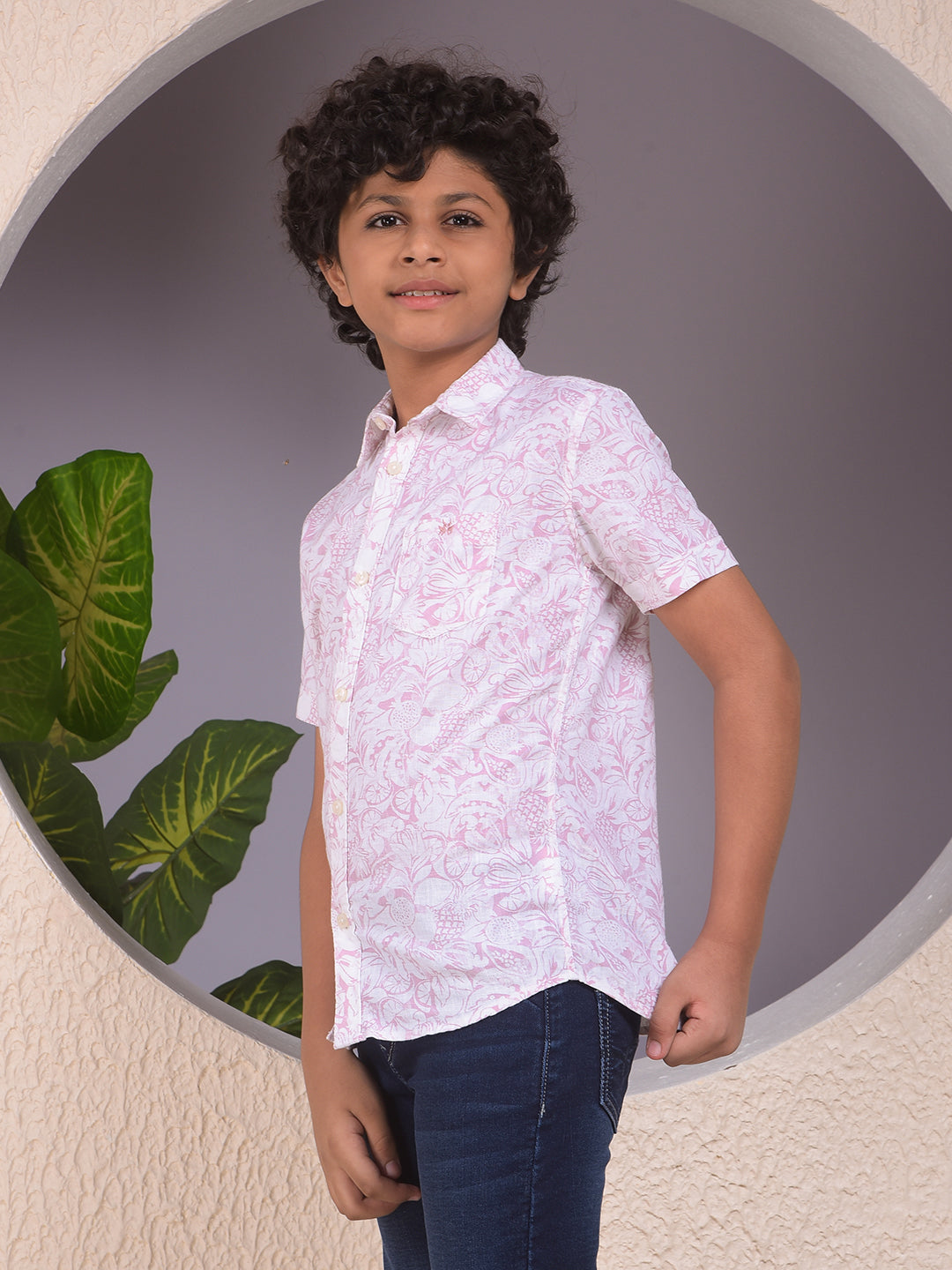 Purple Floral Print Linen Shirt