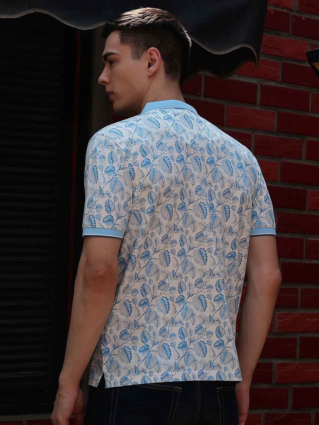 Blue Floral Print Polo Neck T-Shirt