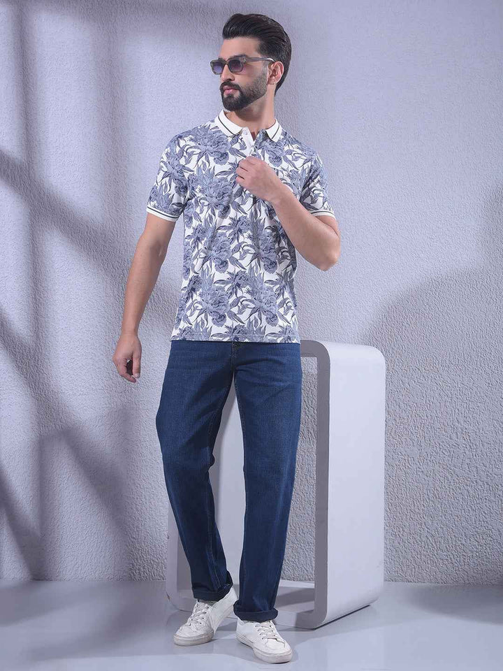 Blue Floral Print Polo Neck T-Shirt