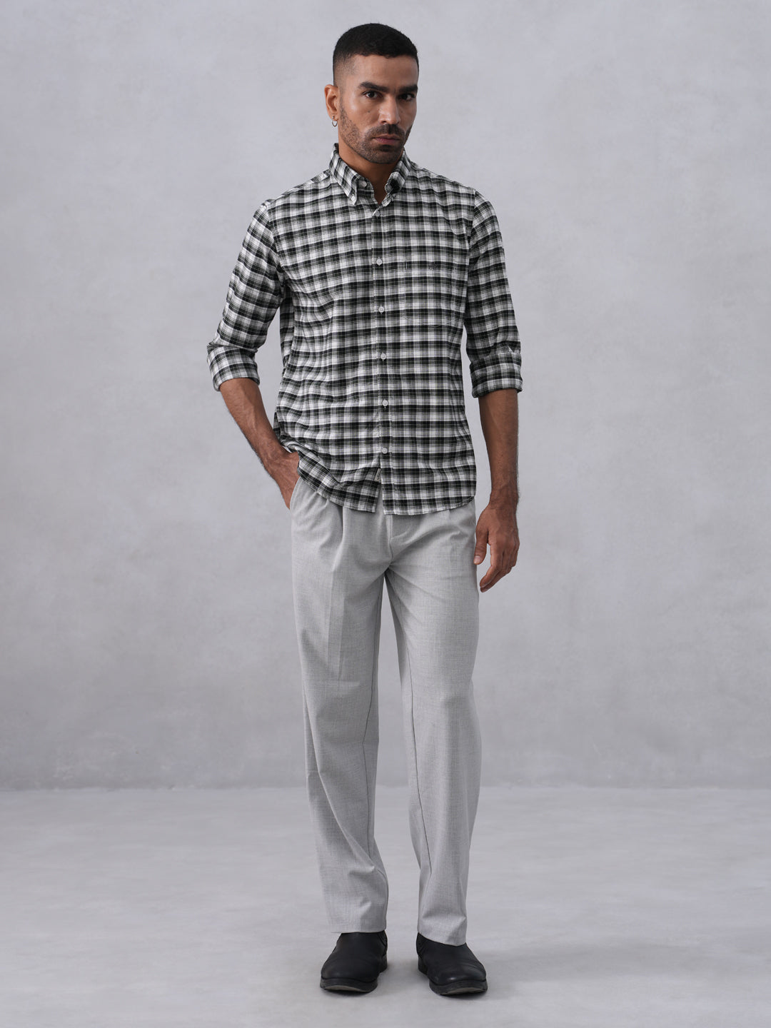 Green Checked 100% Cotton Button-Down Collar Shirt