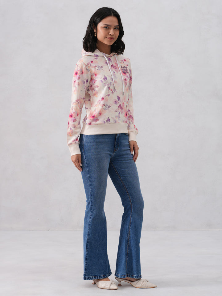 Multi-Color Floral Printed Hooded Neck Sweatshirt