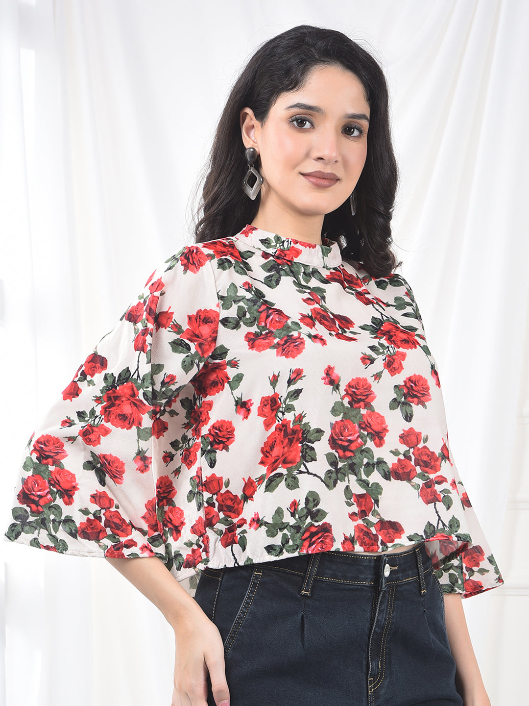 Green Floral Print Cropped Top