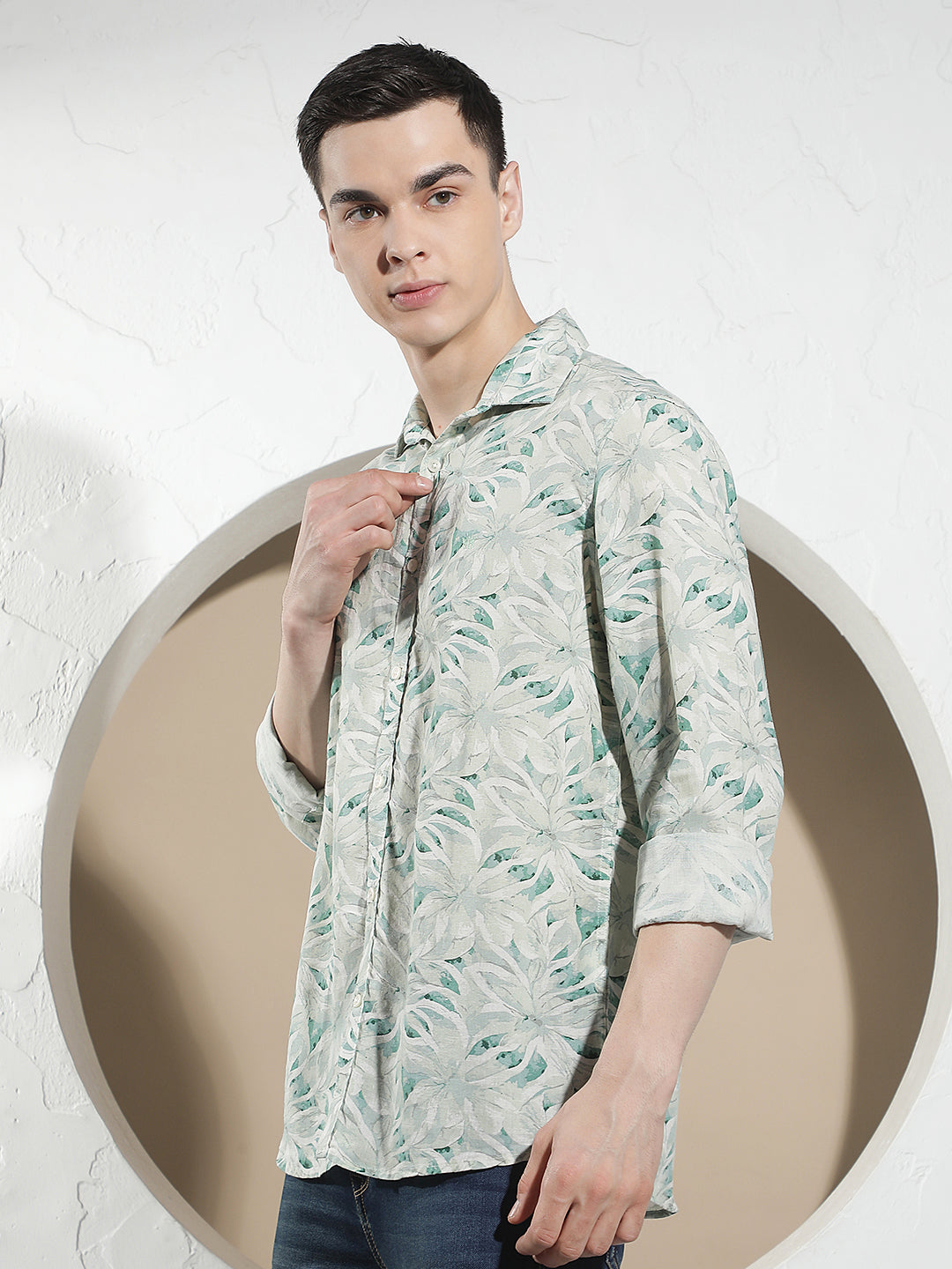 Green Floral Print Linen Shirt