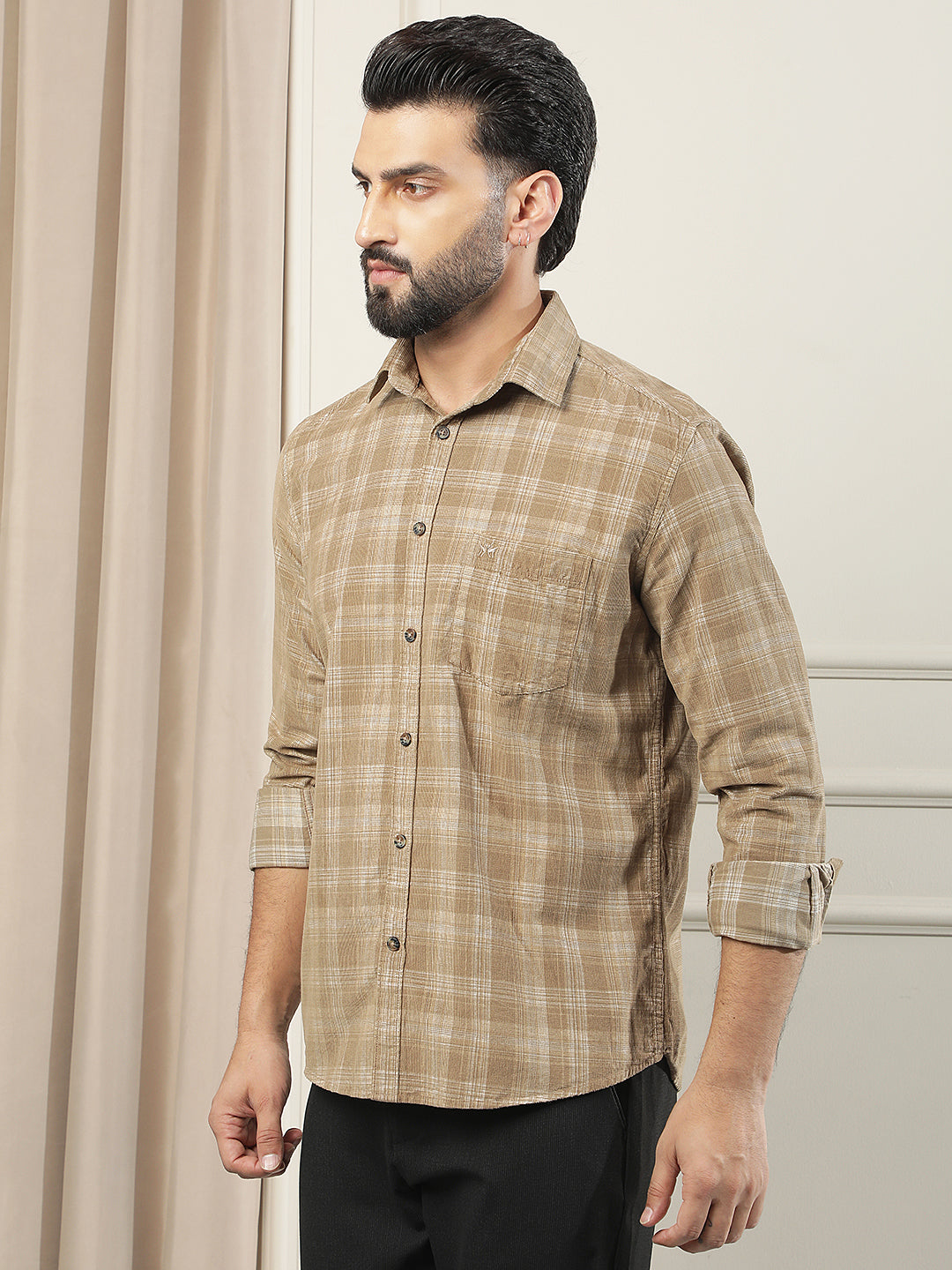 Brown Checked 100% Cotton Corduroy Shirt