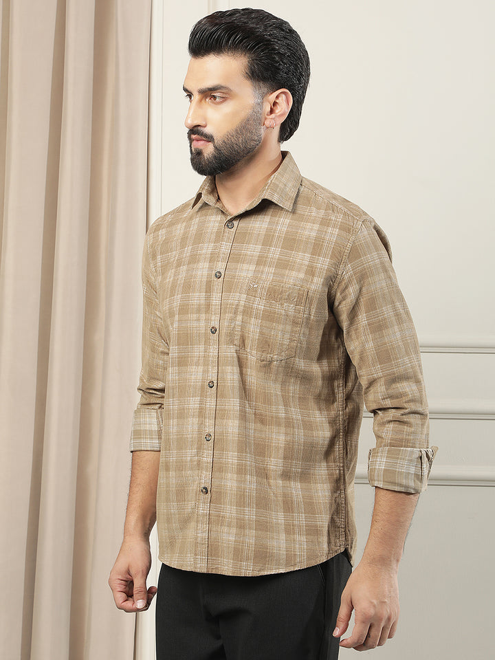 Brown Checked 100% Cotton Corduroy Shirt