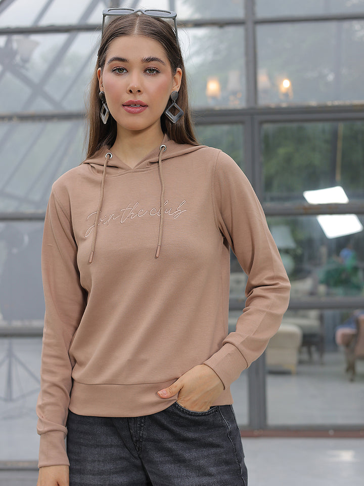 Beige Typographic Print Hooded Neck Sweatshirt