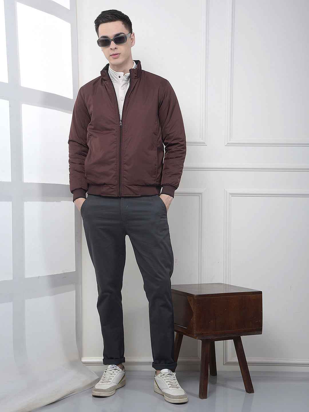Wine High Neck Reversible Bomber Jacket