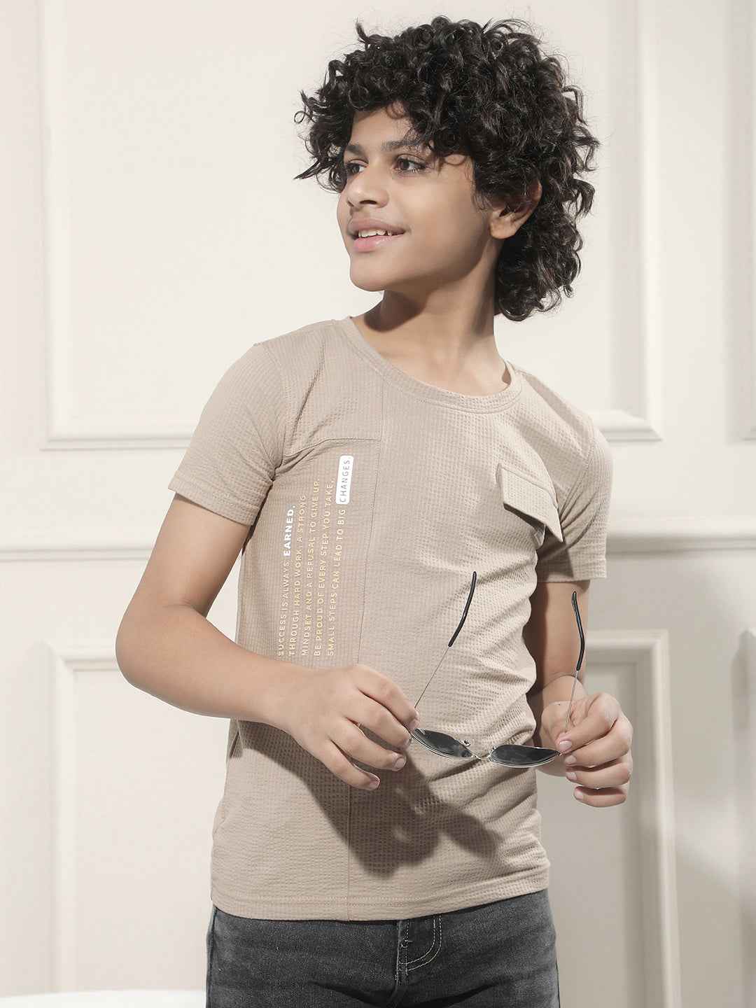 Beige Typographic Print Panelled T-Shirt