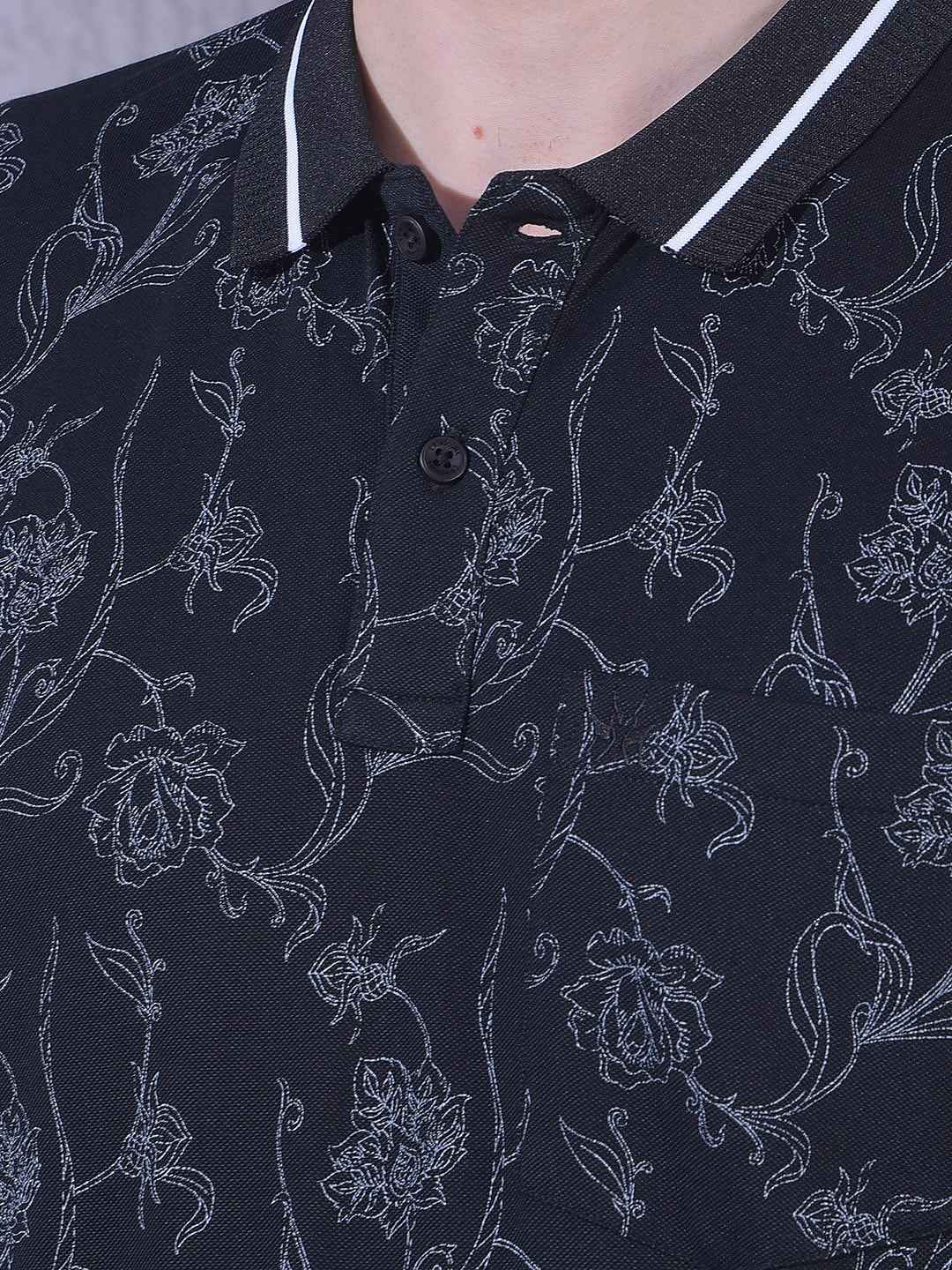Black Floral Print Polo Neck T-Shirt
