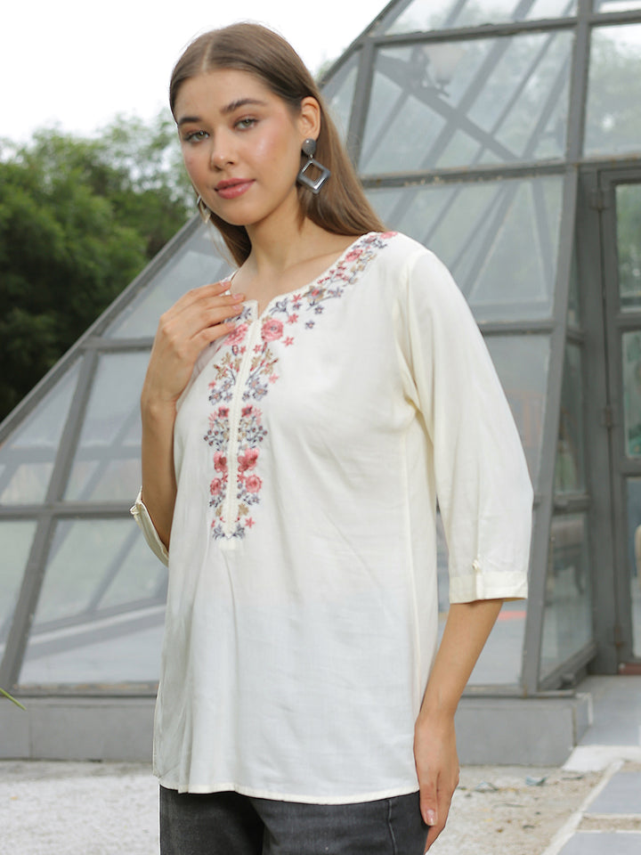 White Embroidered Crew Neck Top