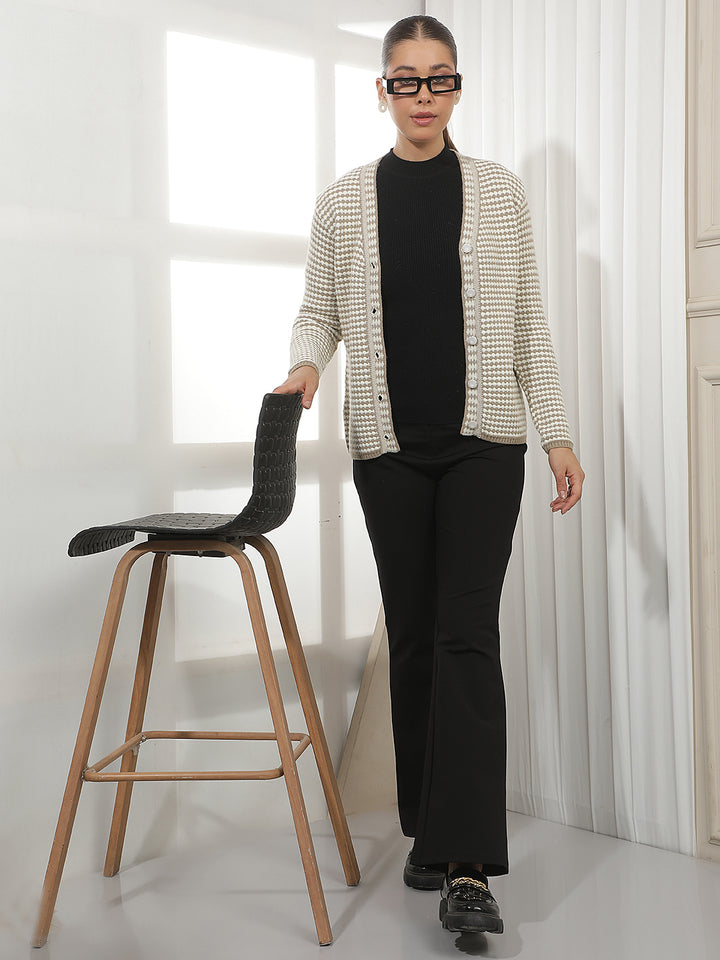 Beige Printed V-Neck Cardigan
