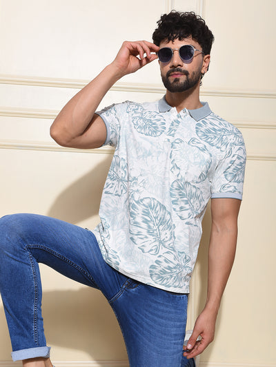 Green Floral Print Polo-Neck T-Shirt