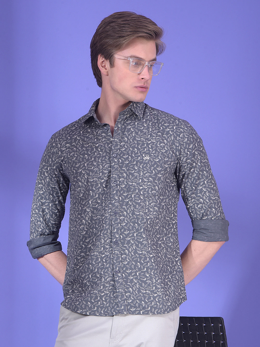 Grey Floral Printed 100% Cotton Shirt