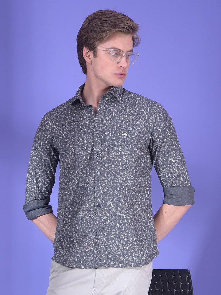 Grey Floral Printed 100% Cotton Shirt