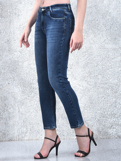 Blue Straight Cotton Jeans-Women Jeans-Crimsoune Club