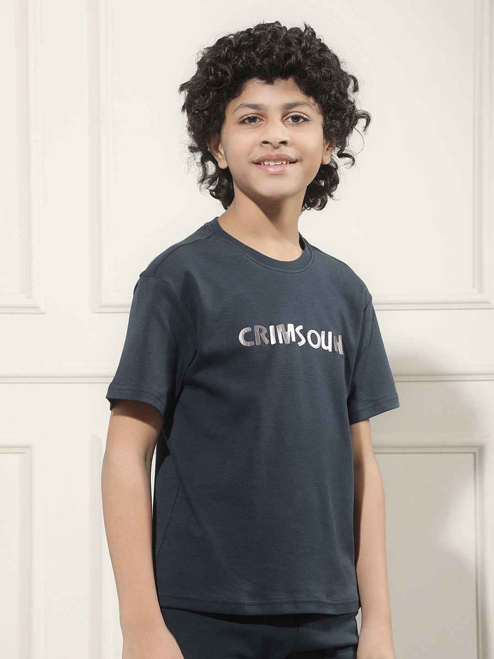 Navy Blue Typographic Print 100% Cotton T-Shirt