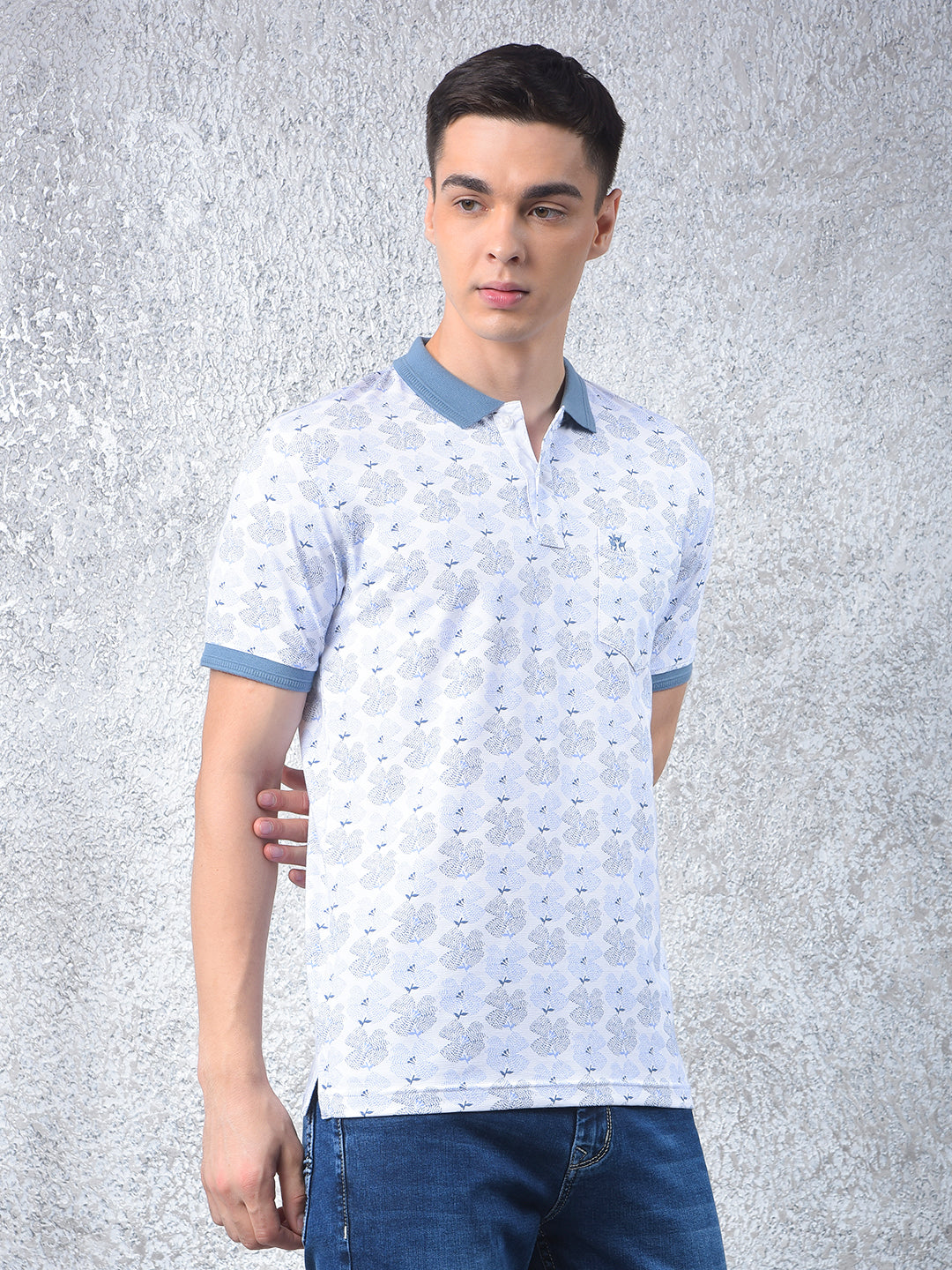 Blue Floral Print Polo Neck T-Shirt