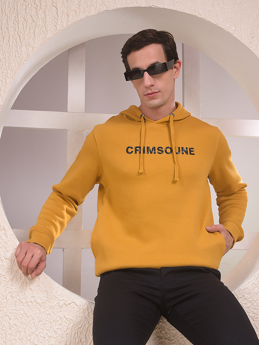 Mustard Embellished Hooded Neck Sweatshirt