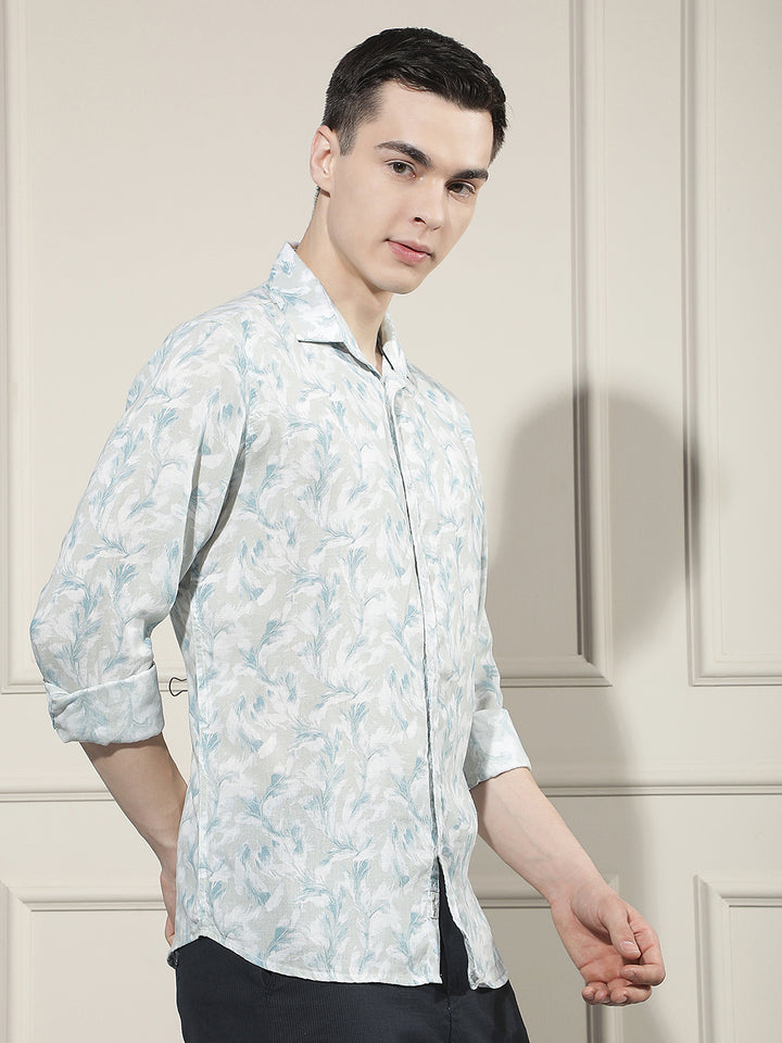Blue Floral Print Linen Shirt