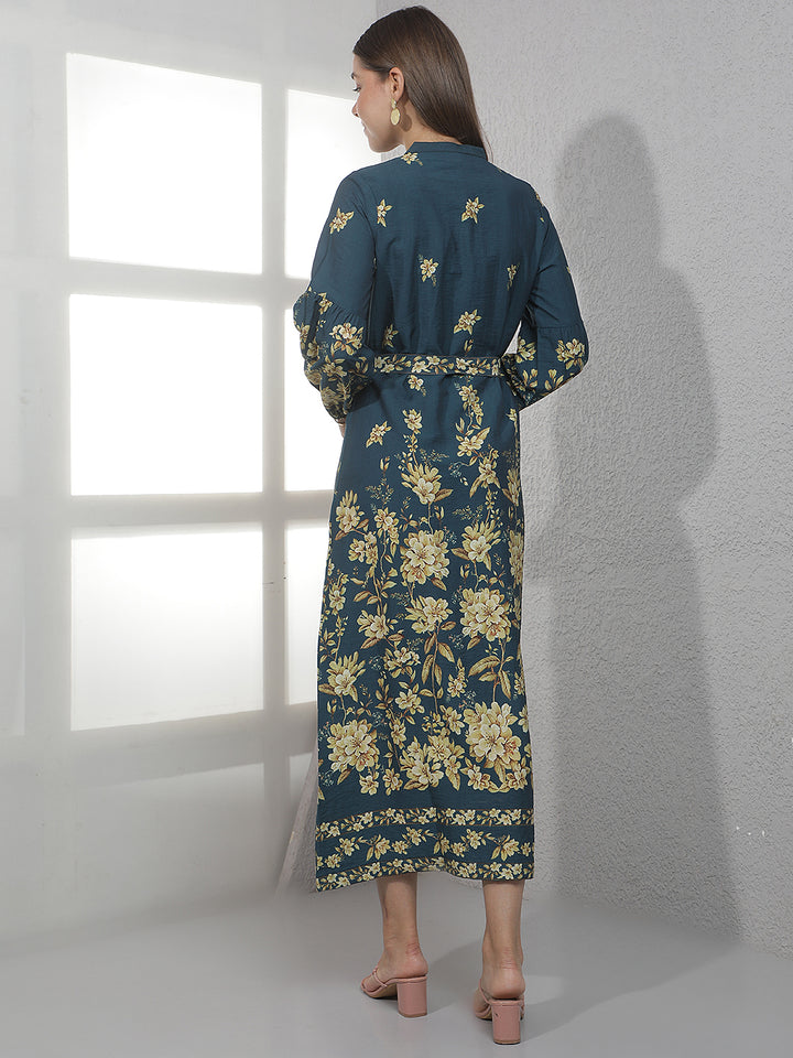 Blue Floral Print Midi Shirt Dress With Belt