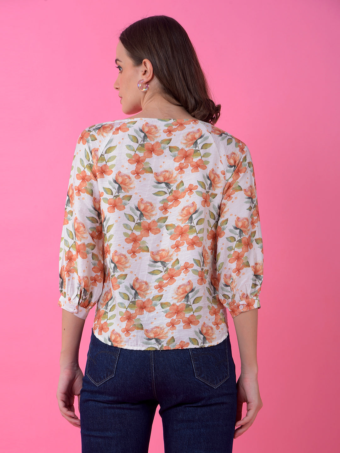 Peach Floral Print Tie-Up Top