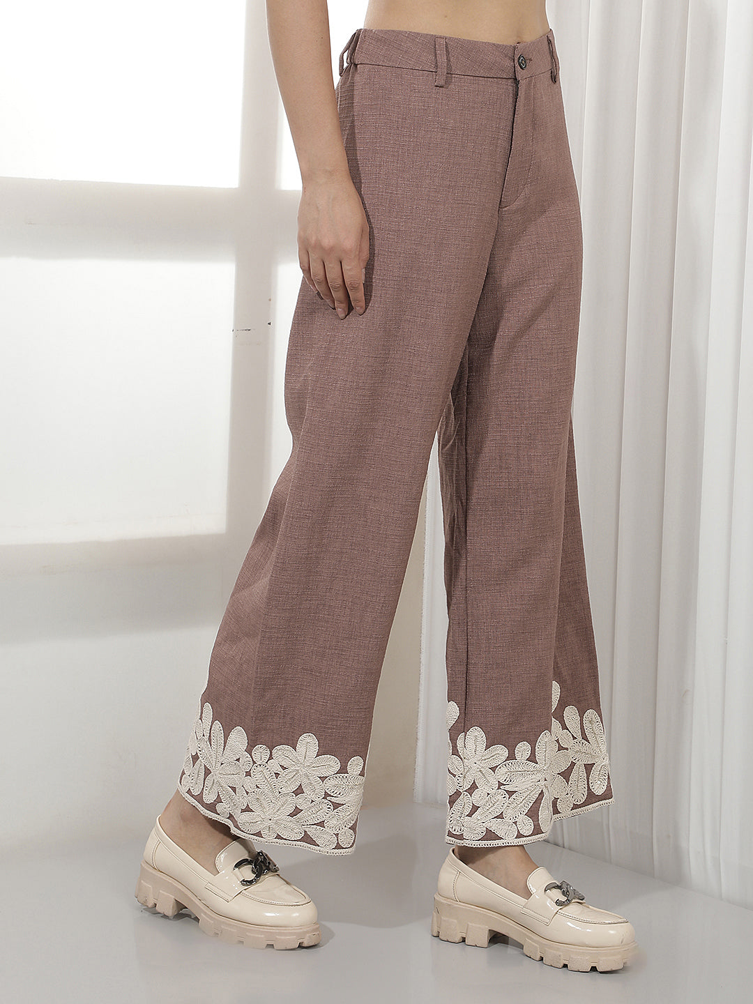 Brown Embroidered 100% Cotton Wide Leg Trousers