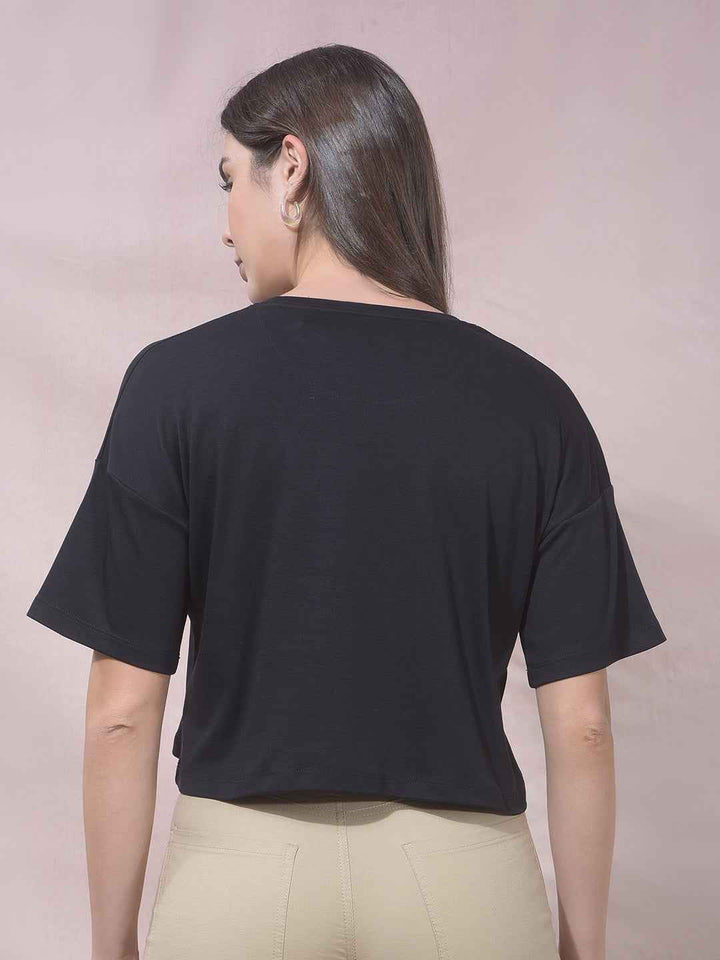 Black Botanical Print Cropped T-Shirt