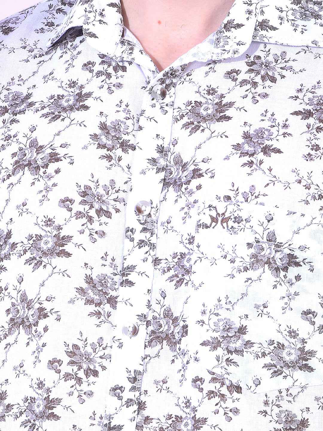 White Linen Floral Print Shirt