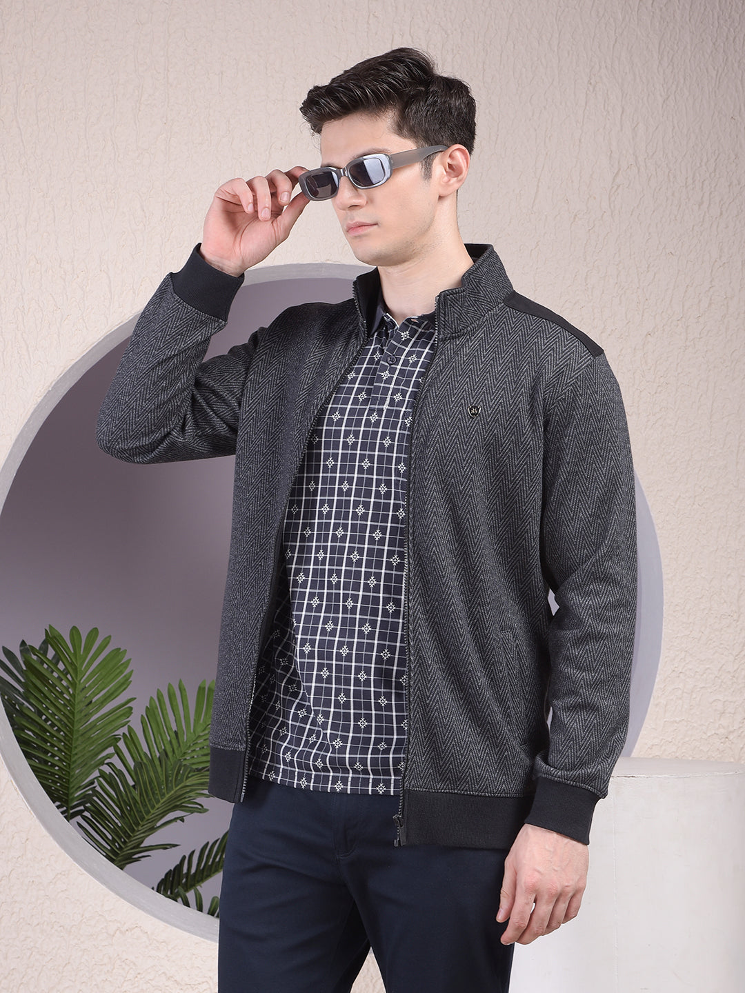 Black Herringbone Zip-Up Sweatshirt