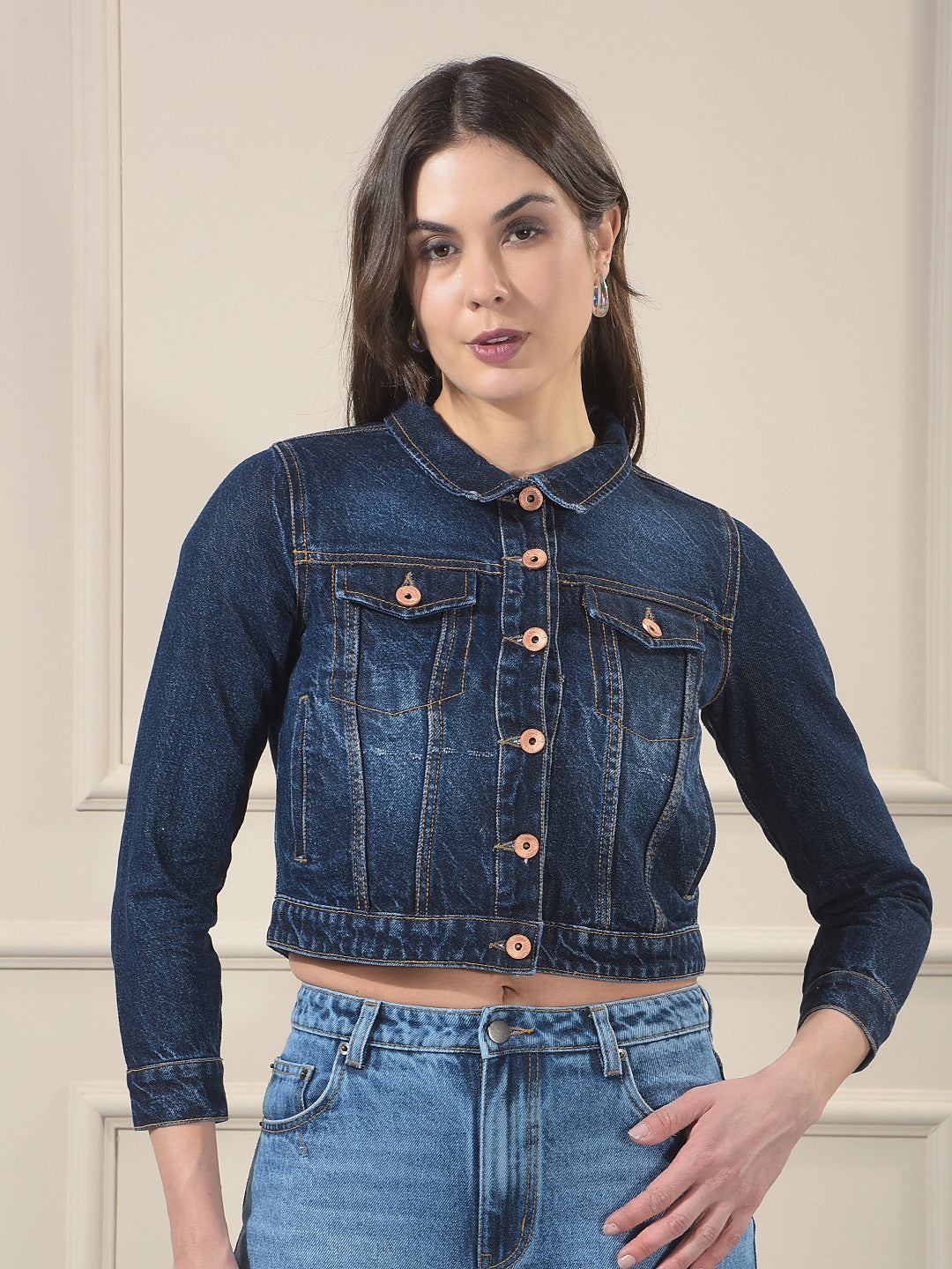 Blue 100% cotton Crop Denim Jacket