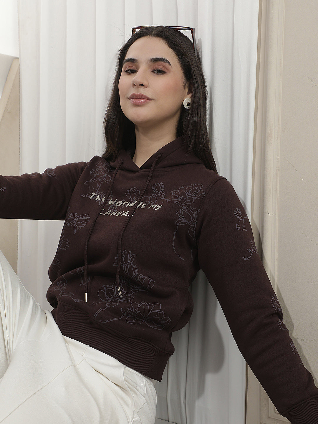Brown Floral Print Hooded Neck Sweatshirt