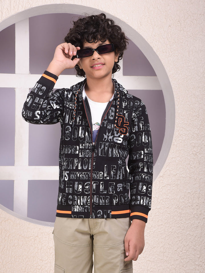 Black Typographic Print Hooded Neck Sweatshirt