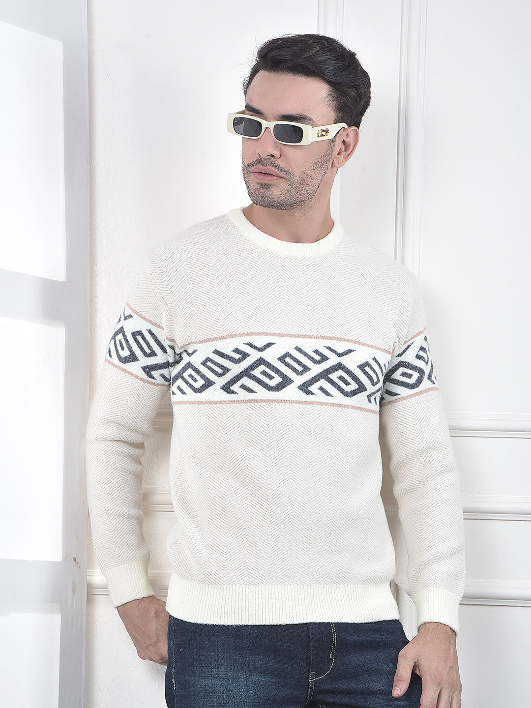 Cream Geometric Printed Pullover Sweater