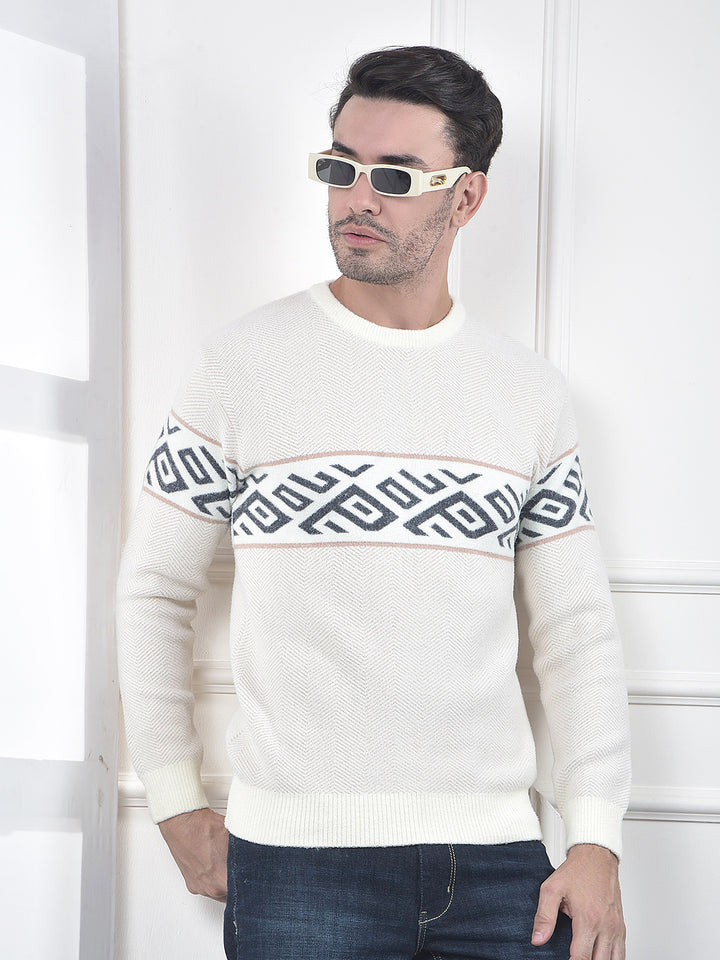 Cream Geometric Printed Pullover Sweater