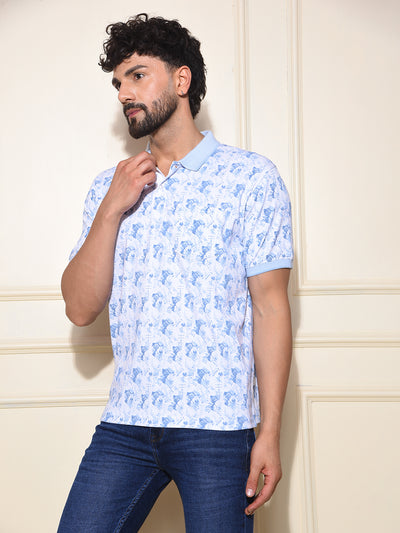 Blue Printed Polo Neck 100% Cotton T-Shirt