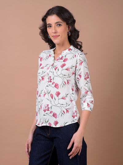 Green Floral Print V-Neck Linen Top