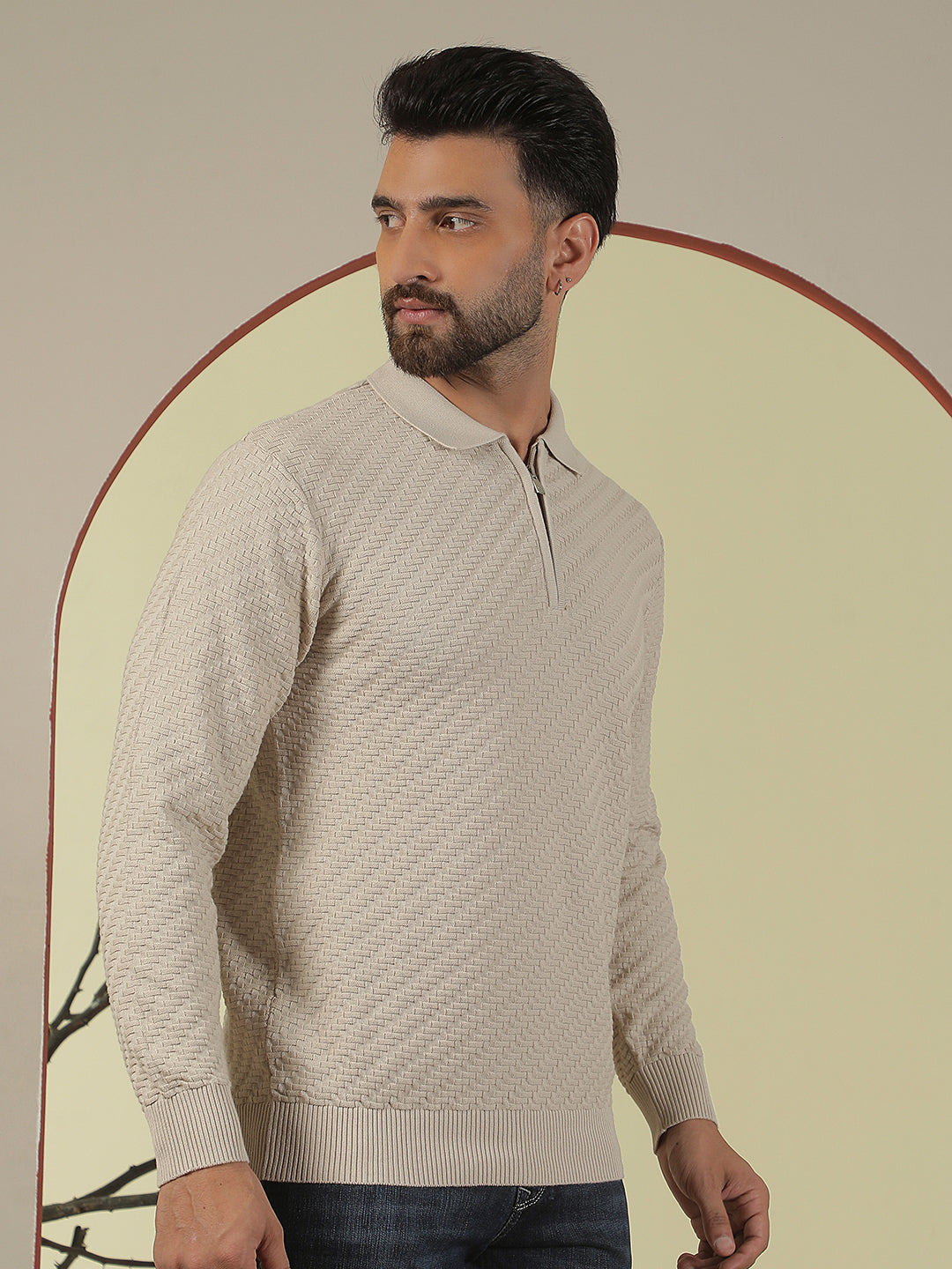 Beige 100% Cotton Knitted Polo Neck Sweater