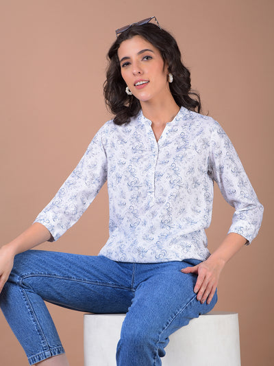 White Floral Print V-Neck Linen Top
