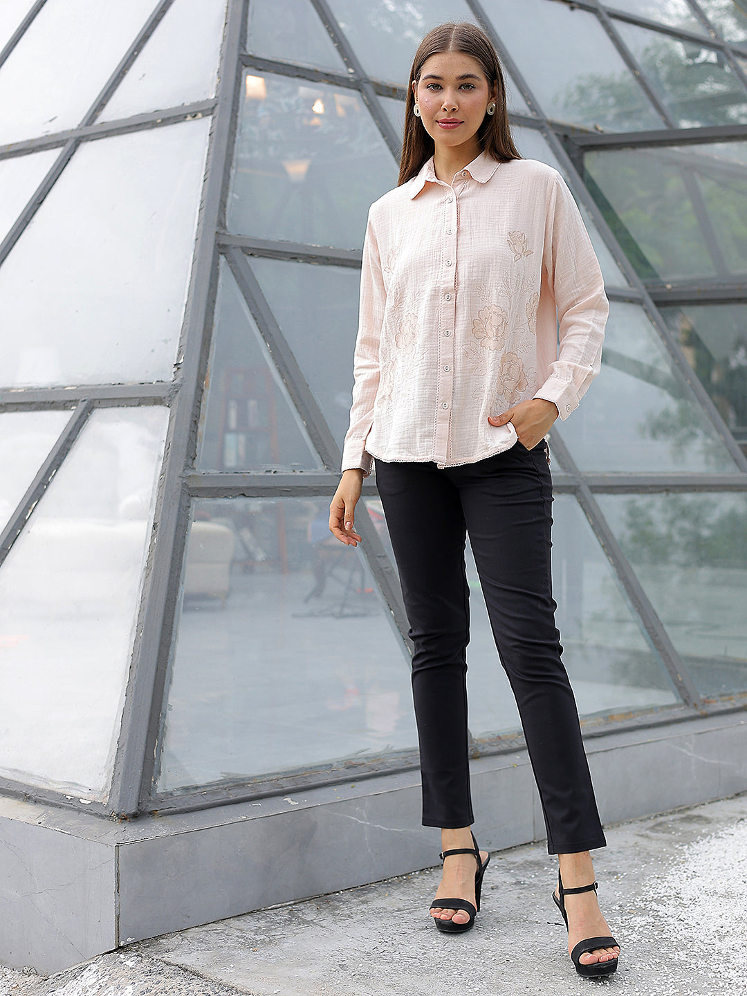 Peach Floral Embroidered 100% Cotton Shirt