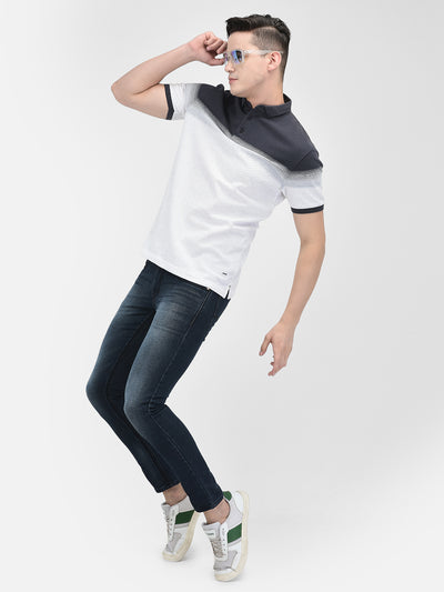 White Color-Blocked Polo Neck T-Shirt