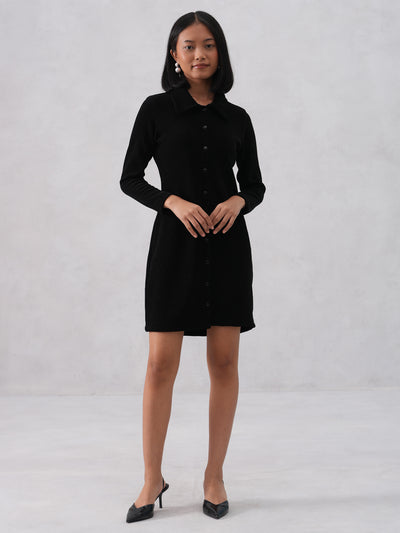 Black Textured Mini Shirt Dress