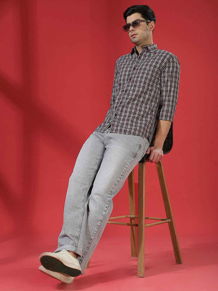 Wine Checked 100% Cotton Shirt