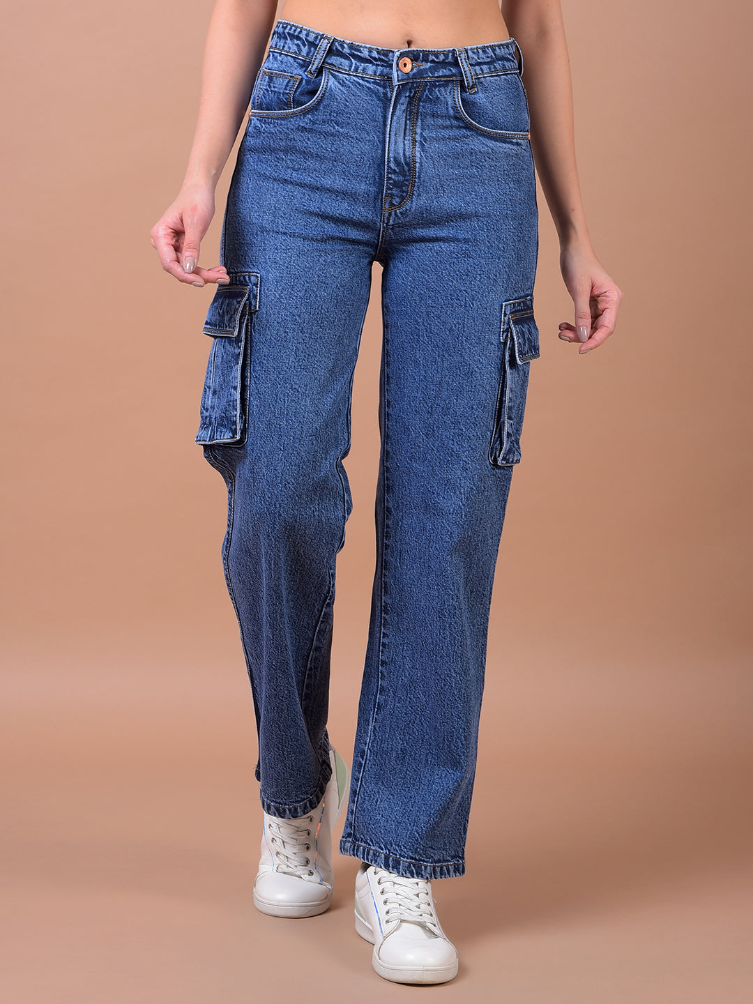 Blue Wide Leg 100% Cotton Cargo Jeans