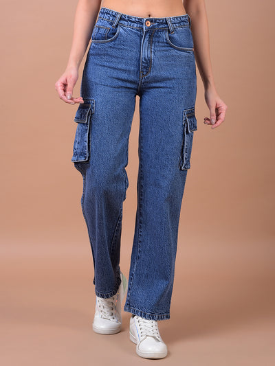 Blue Wide Leg 100% Cotton Cargo Jeans
