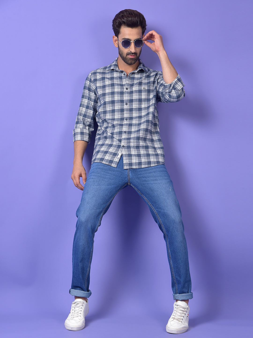 Navy Blue Checked 100% Cotton Shirt