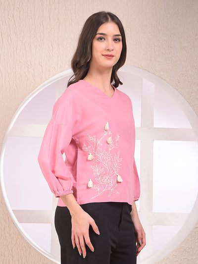 Pink Embroidered V-Neck Top