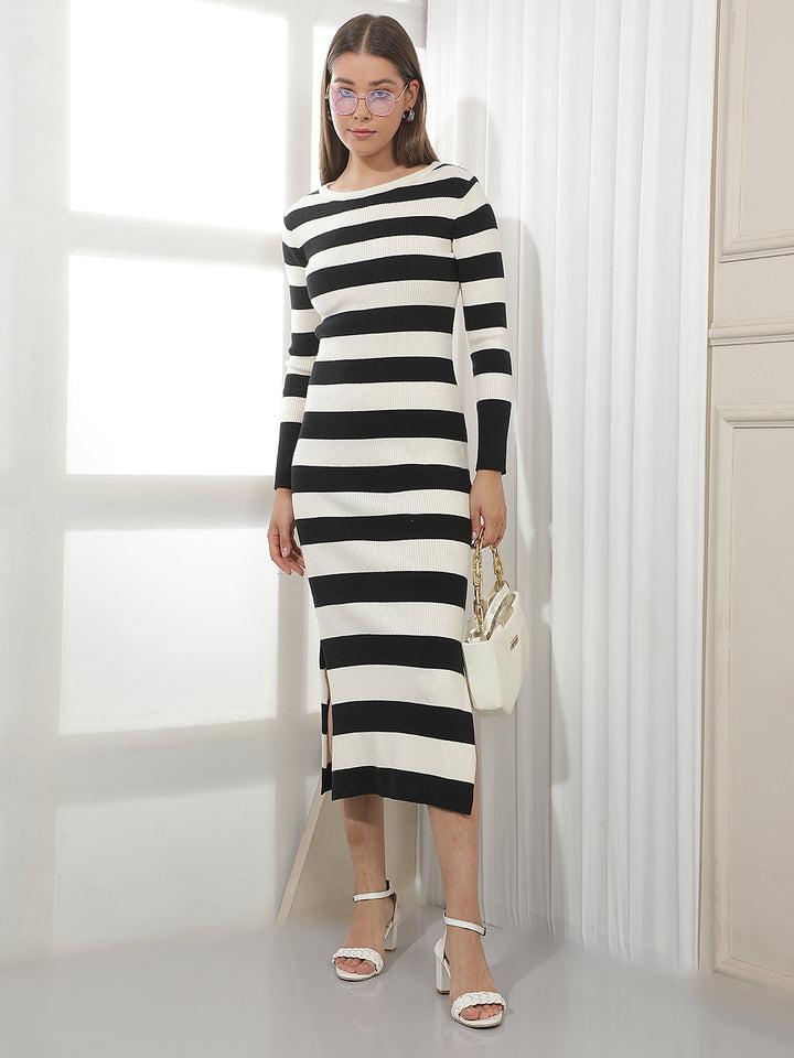 Black Horizontal Striped Bodycon Knitted Midi-Dress