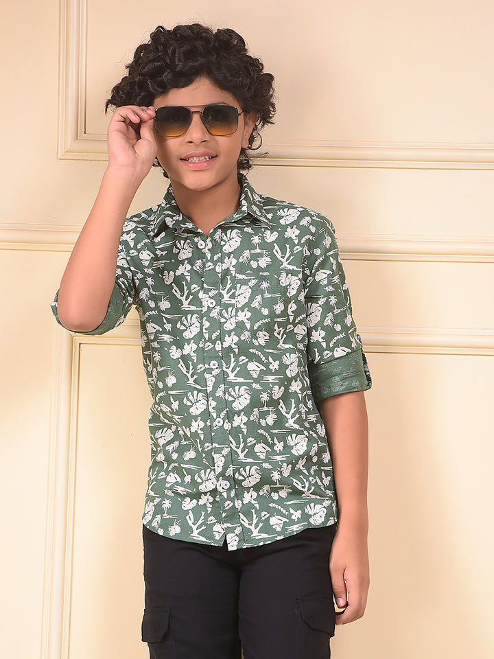 Green Floral Print 100% Cotton Shirt
